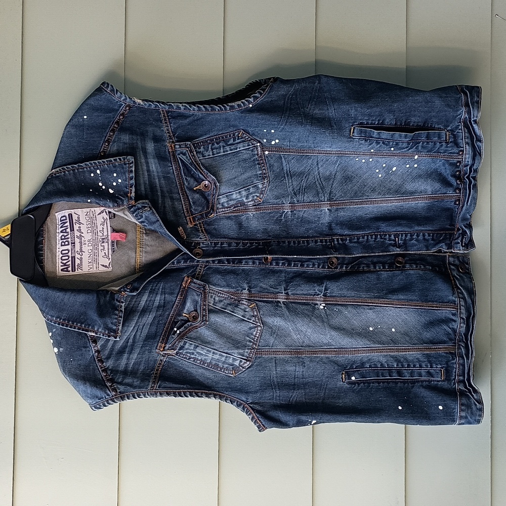 Akoo Mens Dark Blue Denim Vest 4 Pockets Sz 3XL Embellished